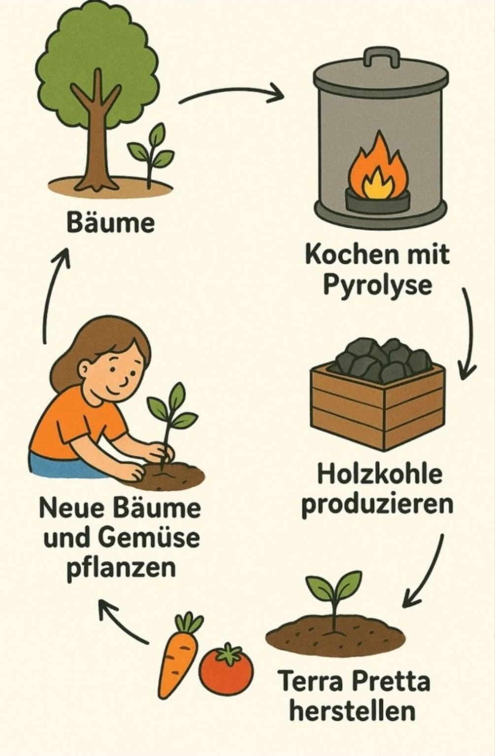 Kreislaufgrafik von Bäumen über Pyrolyse und Terra Preta zurück zu neuen Pflanzen