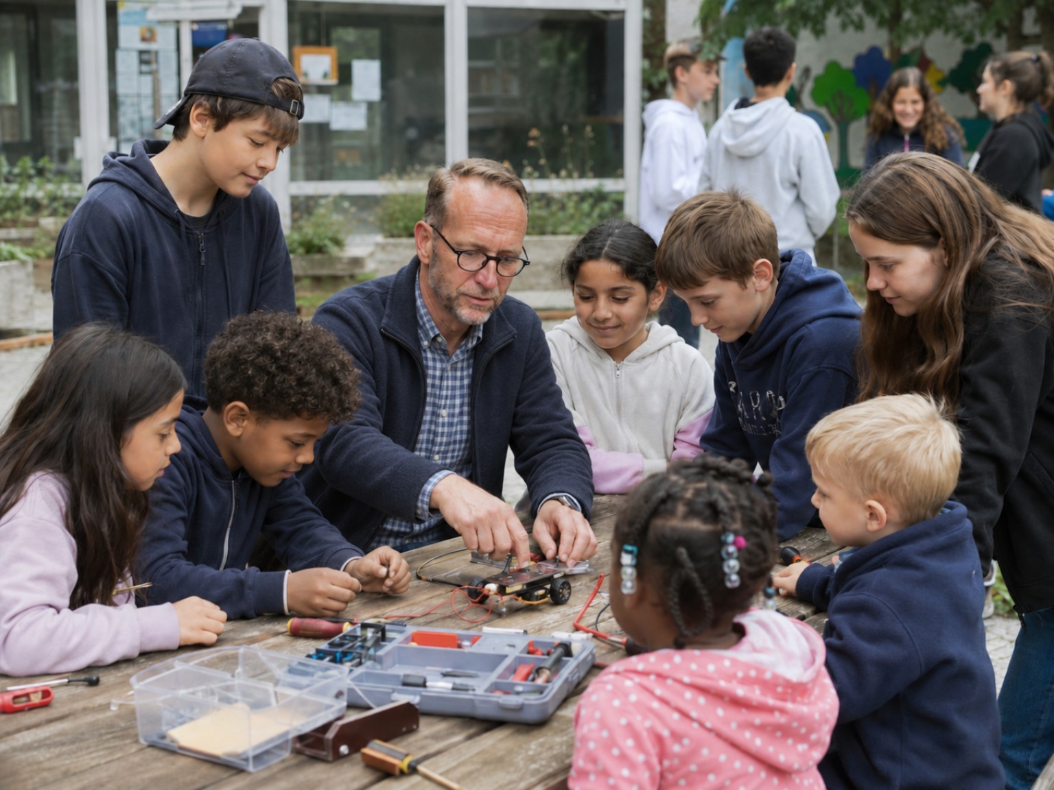 Matthias Rom arbeitet mit Jugendlichen an einem technischen Projekt